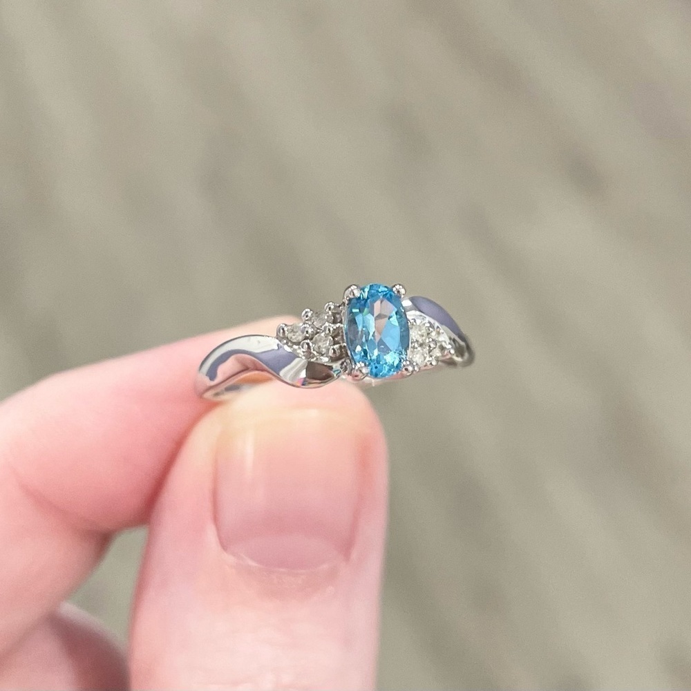 10K Light Swiss Blue Topaz Diamond accent oval solitaire dainty white gold ring‍ - Picture 2 of 10